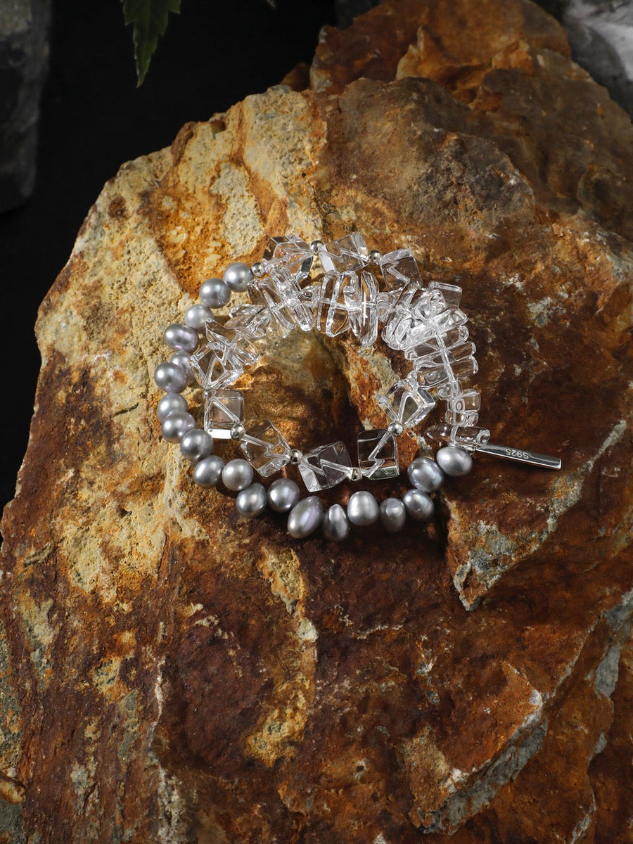 OPTIC GREY Grey Pearl & Clear Quartz Bracelet — SITU mineral jewelry detail