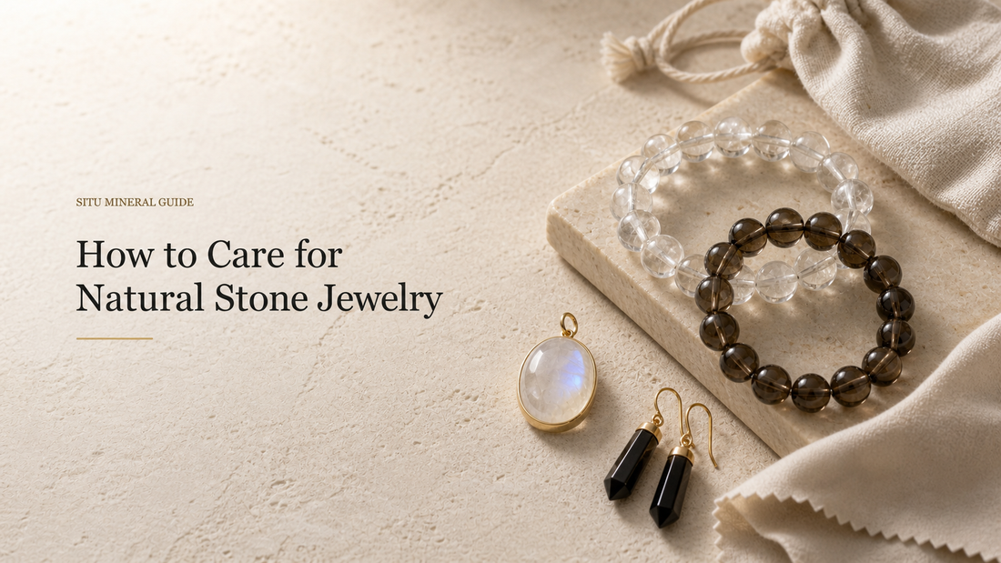 Natural stone jewelry on limestone with the title How to Care for Natural Stone Jewelry