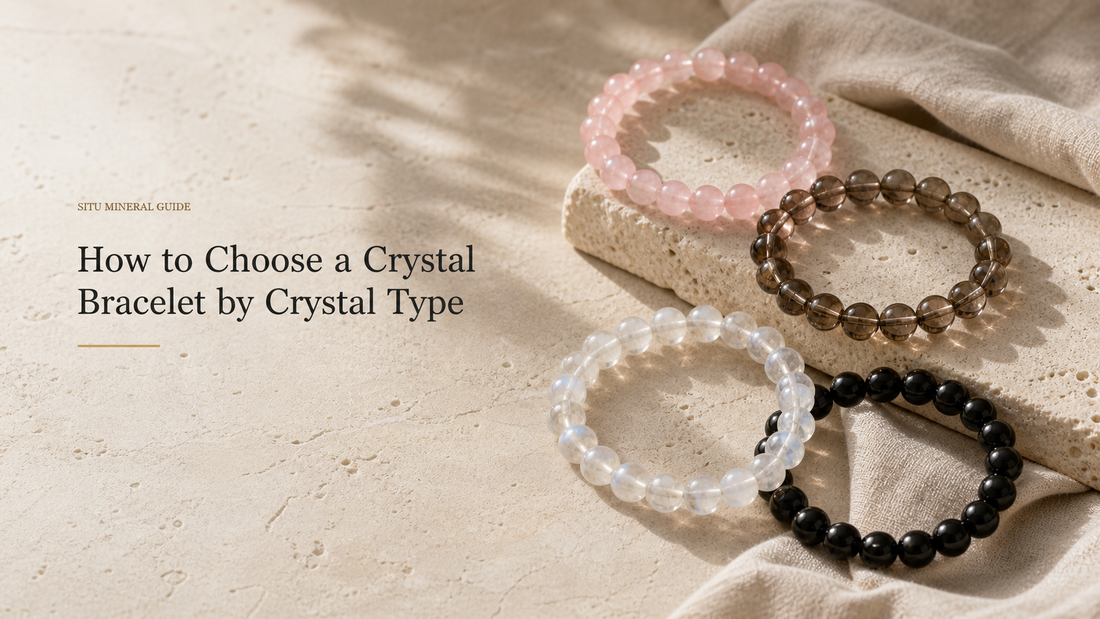 Crystal bracelets on limestone with the title How to Choose a Crystal Bracelet by Crystal Type