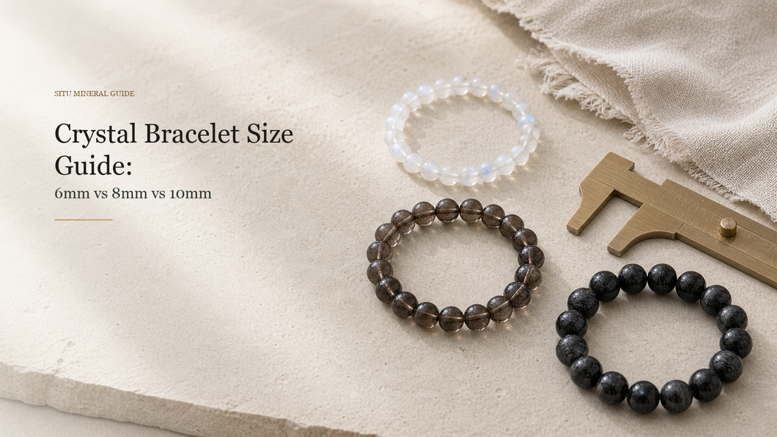 Crystal bracelet size guide comparing 6mm, 8mm, and 10mm natural stone bead bracelets