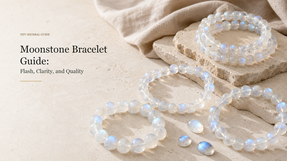 Moonstone bracelets with blue flash on limestone, titled Moonstone Bracelet Guide