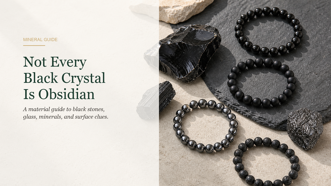 Not Every Black Crystal Is Obsidian title over black obsidian, black tourmaline, onyx, hematite, and dark mineral bracelets on limestone