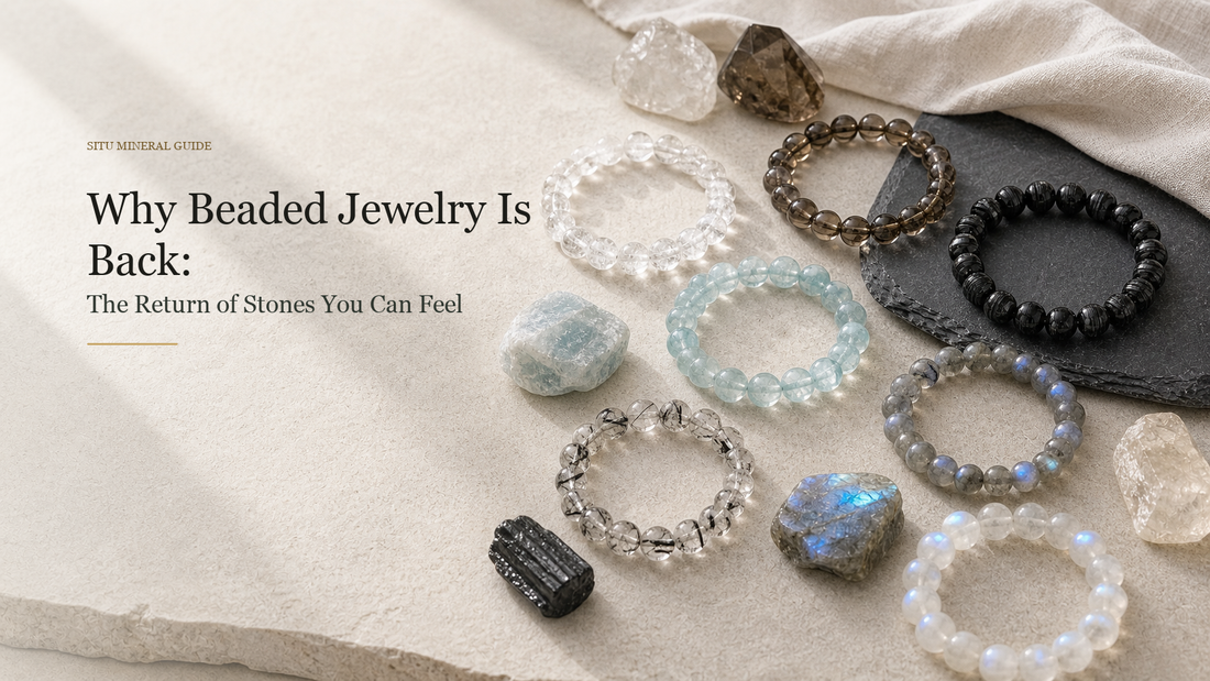 Natural stone beaded bracelets on limestone with the title Why Beaded Jewelry Is Back