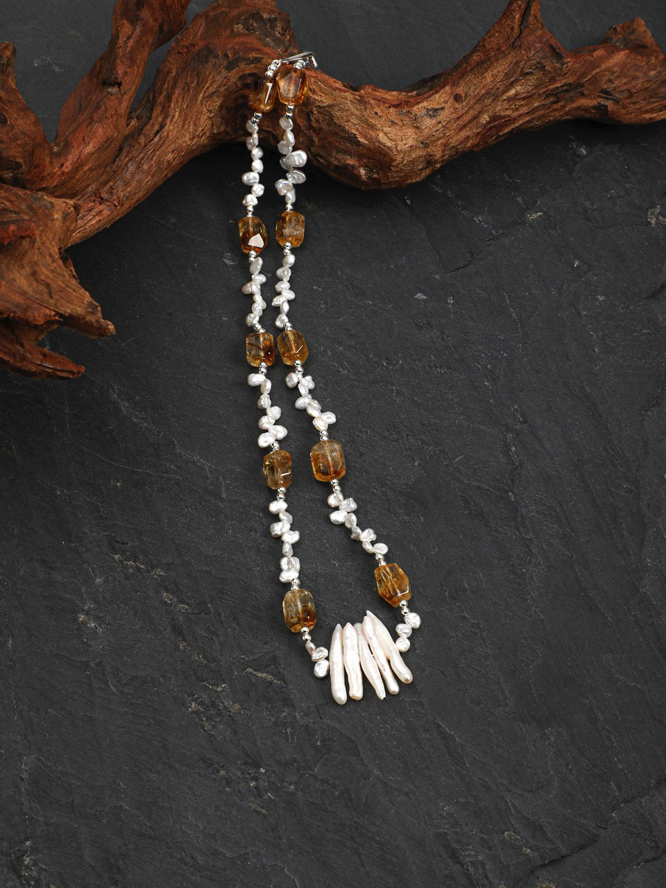 AMBER VINE Citrine & Baroque Pearl Necklace — SITU mineral jewelry detail