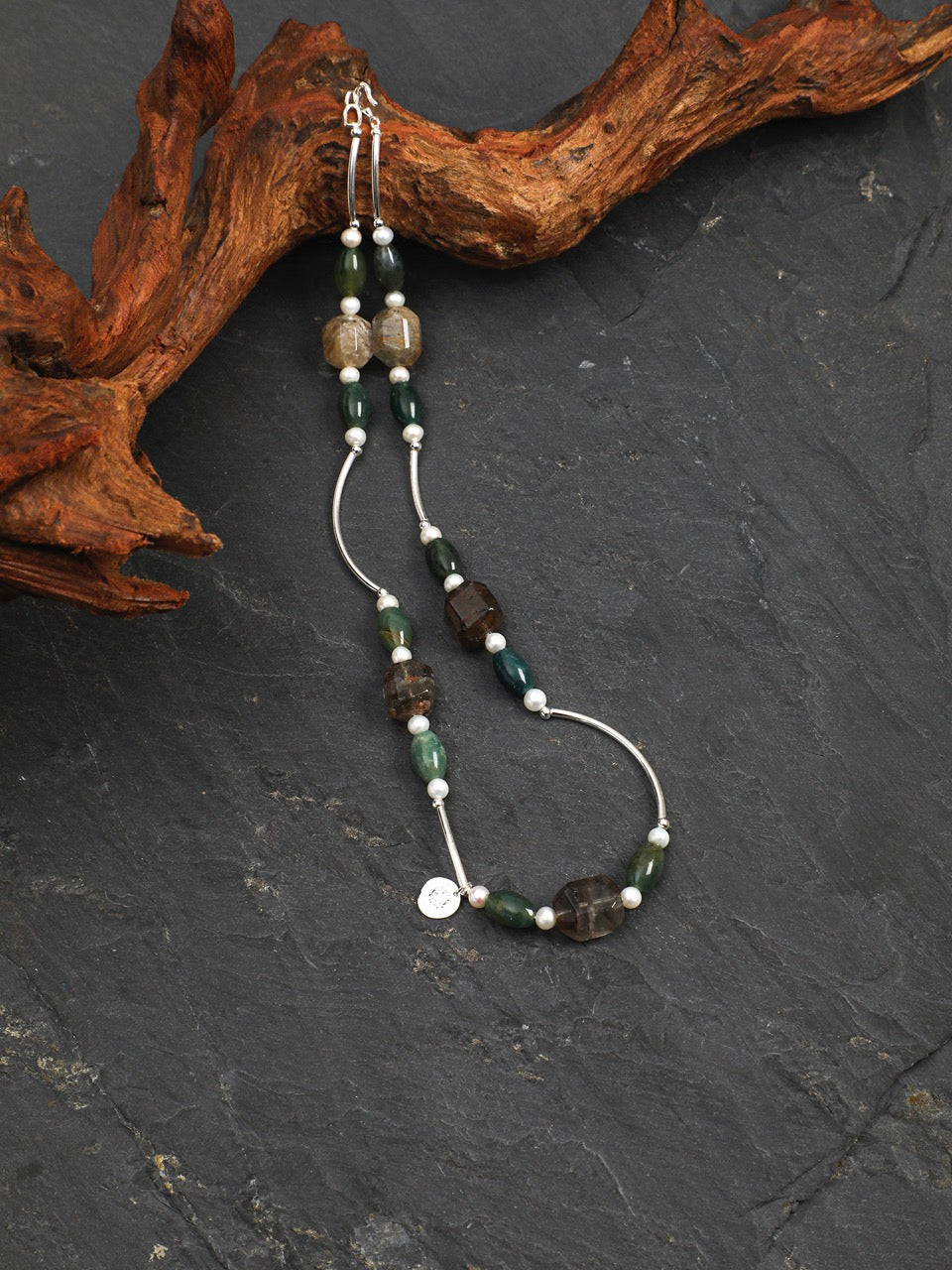 FOREST ROCK Phantom Quartz & Moss Agate Necklace — SITU mineral jewelry detail