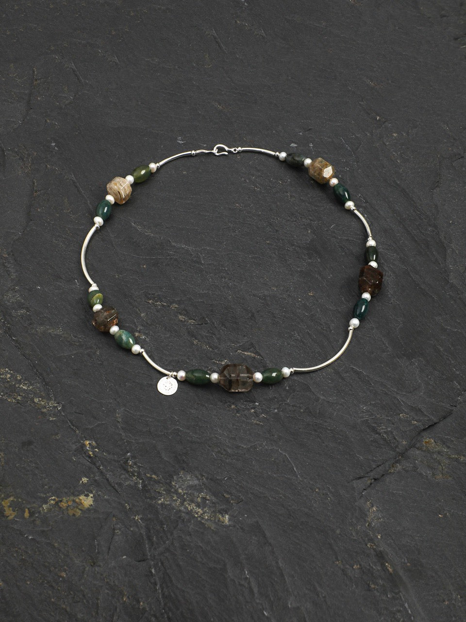 FOREST ROCK Phantom Quartz & Moss Agate Necklace — SITU mineral jewelry detail