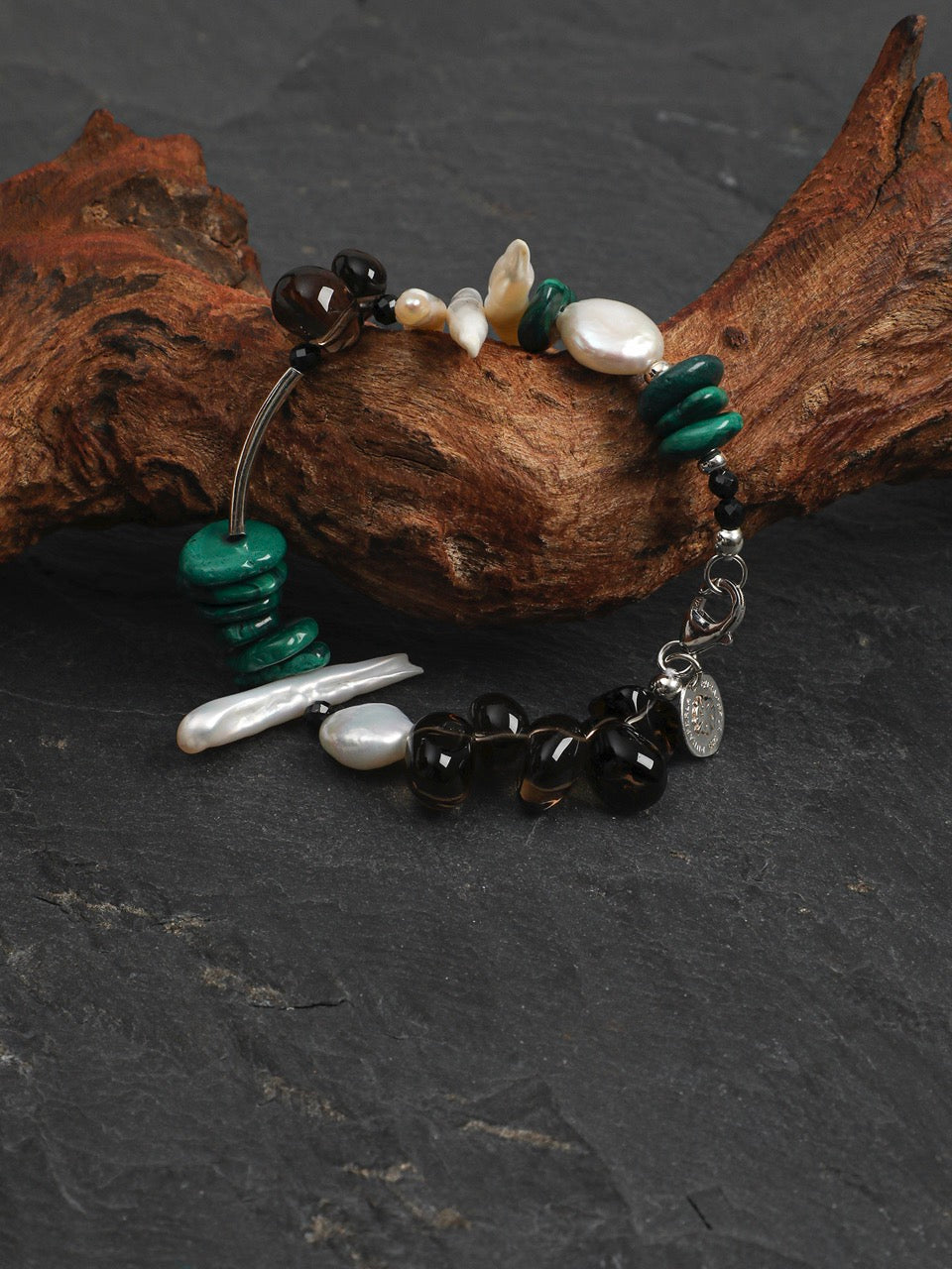 DEEP FOREST SHARD Smoky Quartz & Malachite Bracelet — SITU mineral jewelry detail