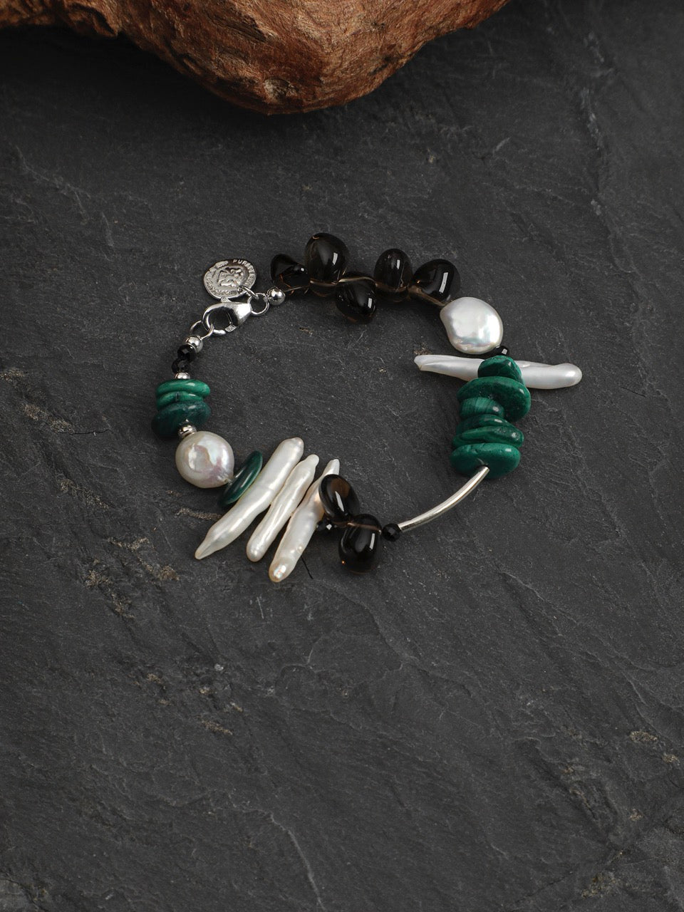 DEEP FOREST SHARD Smoky Quartz & Malachite Bracelet — SITU mineral jewelry detail
