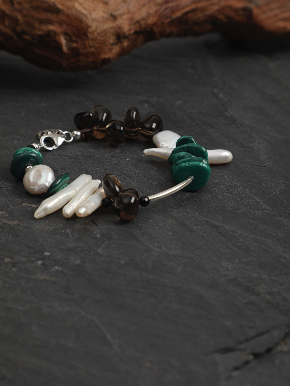 DEEP FOREST SHARD Smoky Quartz & Malachite Bracelet — SITU mineral jewelry detail