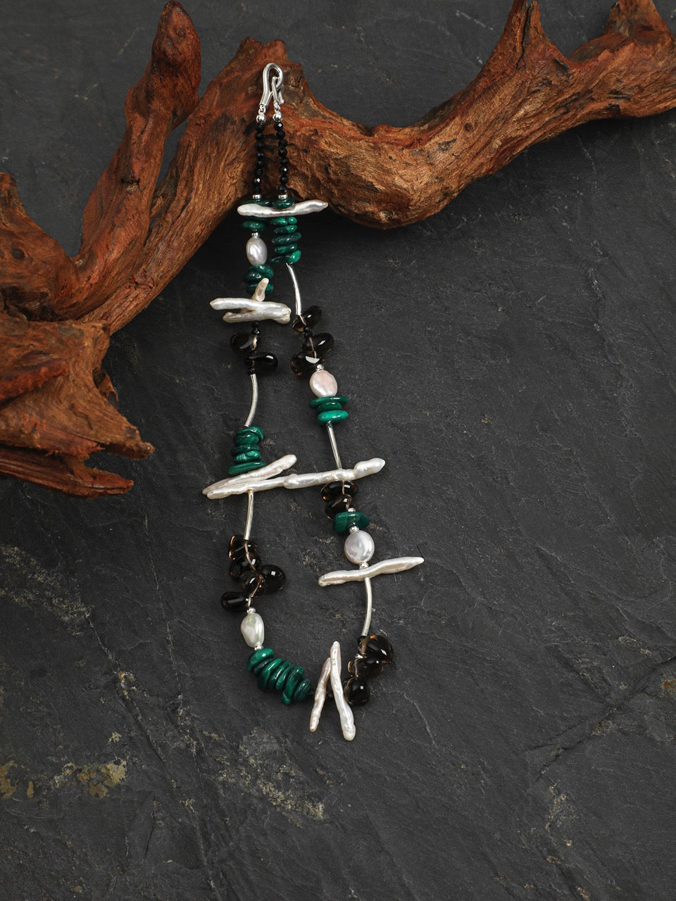 FOREST SHARD Smoky Quartz & Malachite Necklace — SITU mineral jewelry detail