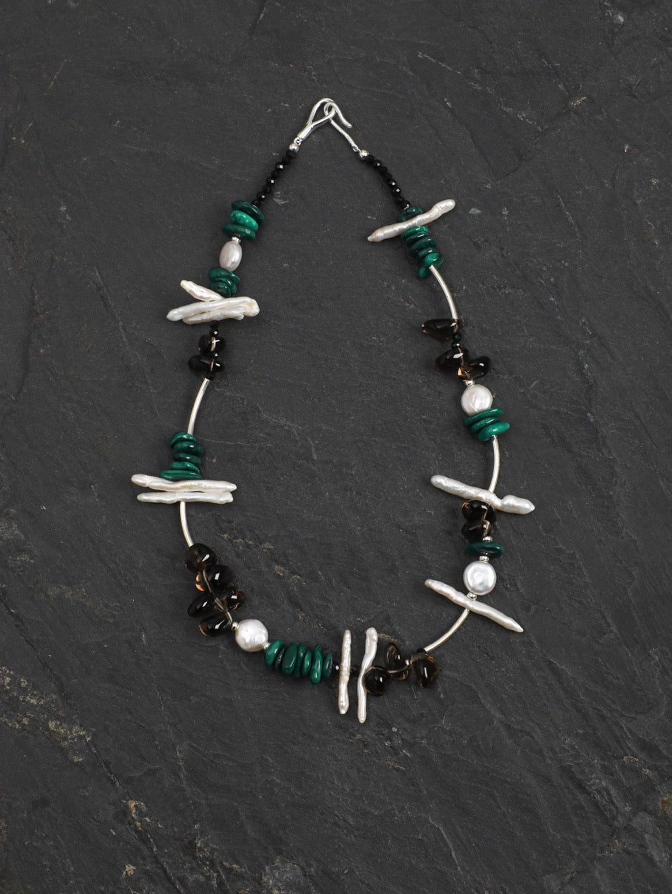 FOREST SHARD Smoky Quartz & Malachite Necklace — SITU mineral jewelry detail