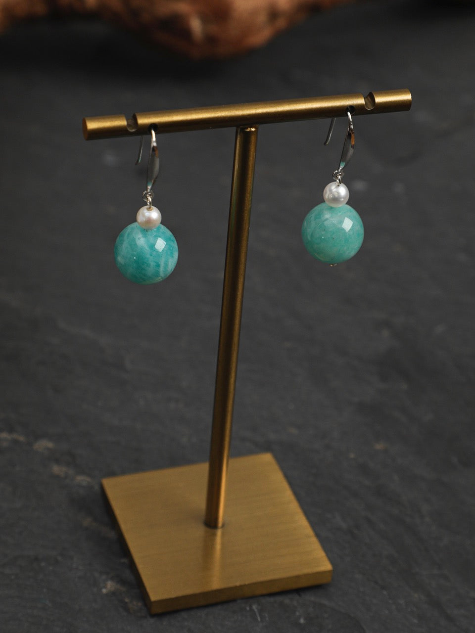 AMAZON DROP Amazonite Sphere Earrings — SITU mineral jewelry detail
