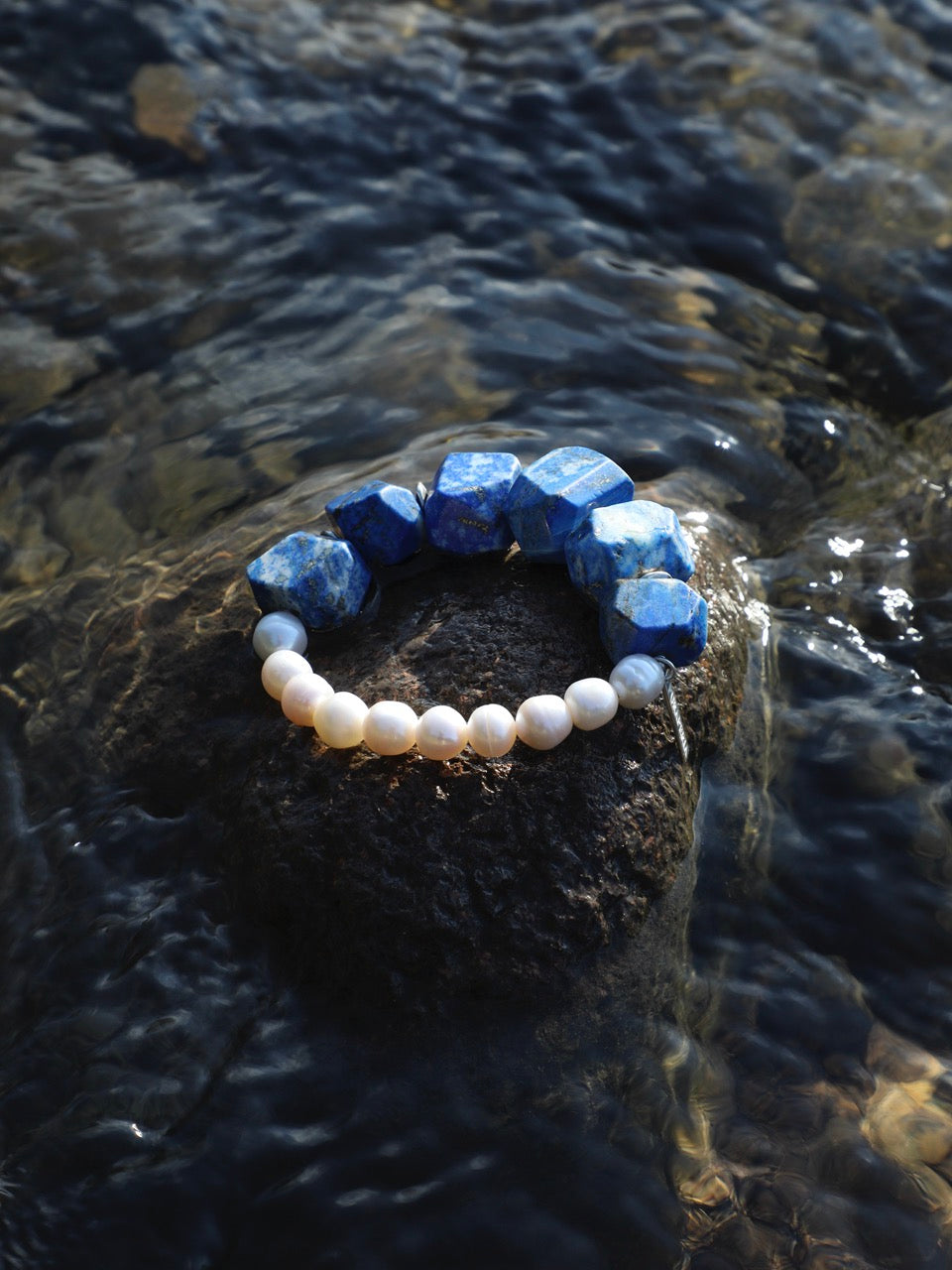 DEEP REALM Lapis Lazuli & Pearl Bracelet — SITU mineral jewelry detail