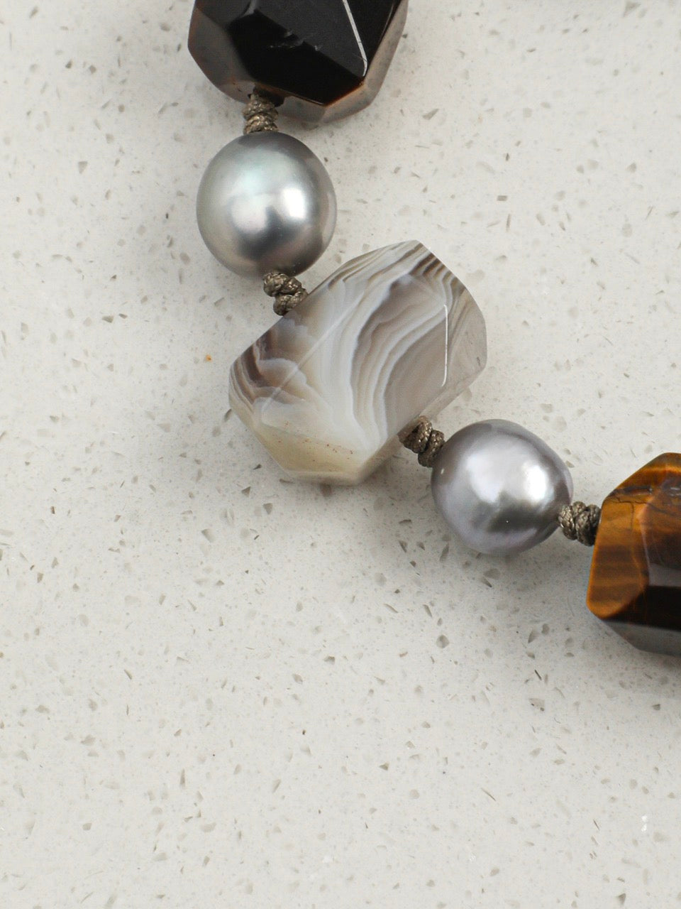GLOWING CORE Tiger's Eye & Grey Pearl Bracelet — SITU mineral jewelry detail