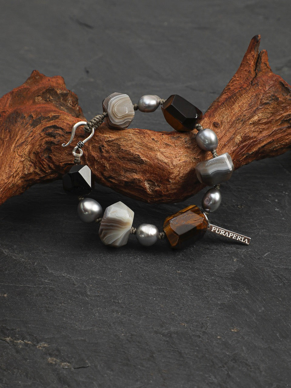 GLOWING CORE Tiger's Eye & Grey Pearl Bracelet — SITU mineral jewelry detail