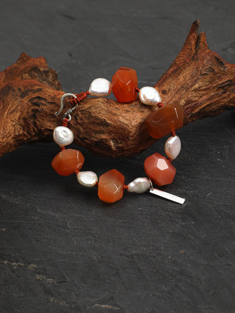 WARM CRIMSON Red Agate & Pearl Bracelet — SITU mineral jewelry detail