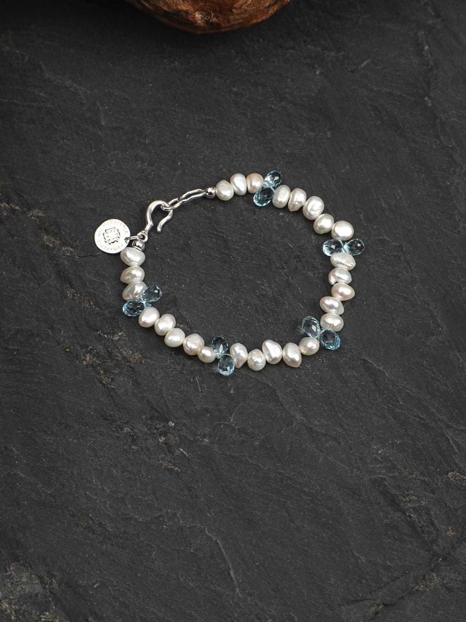 LUCENT RIPPLE Blue Topaz & Pearl Bracelet — SITU mineral jewelry detail