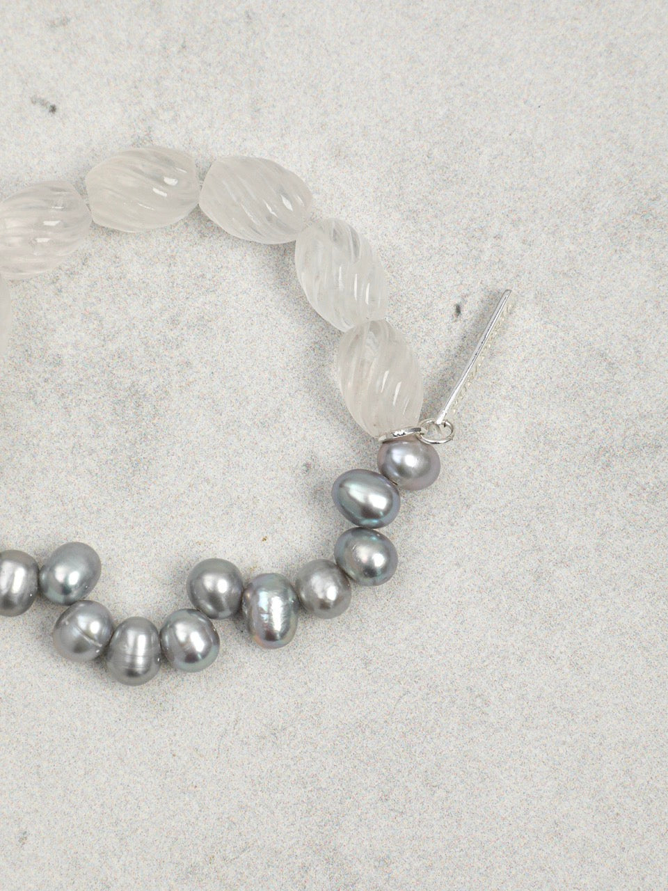 MISTY GLASS Clear Quartz & Grey Pearl Bracelet — SITU mineral jewelry detail