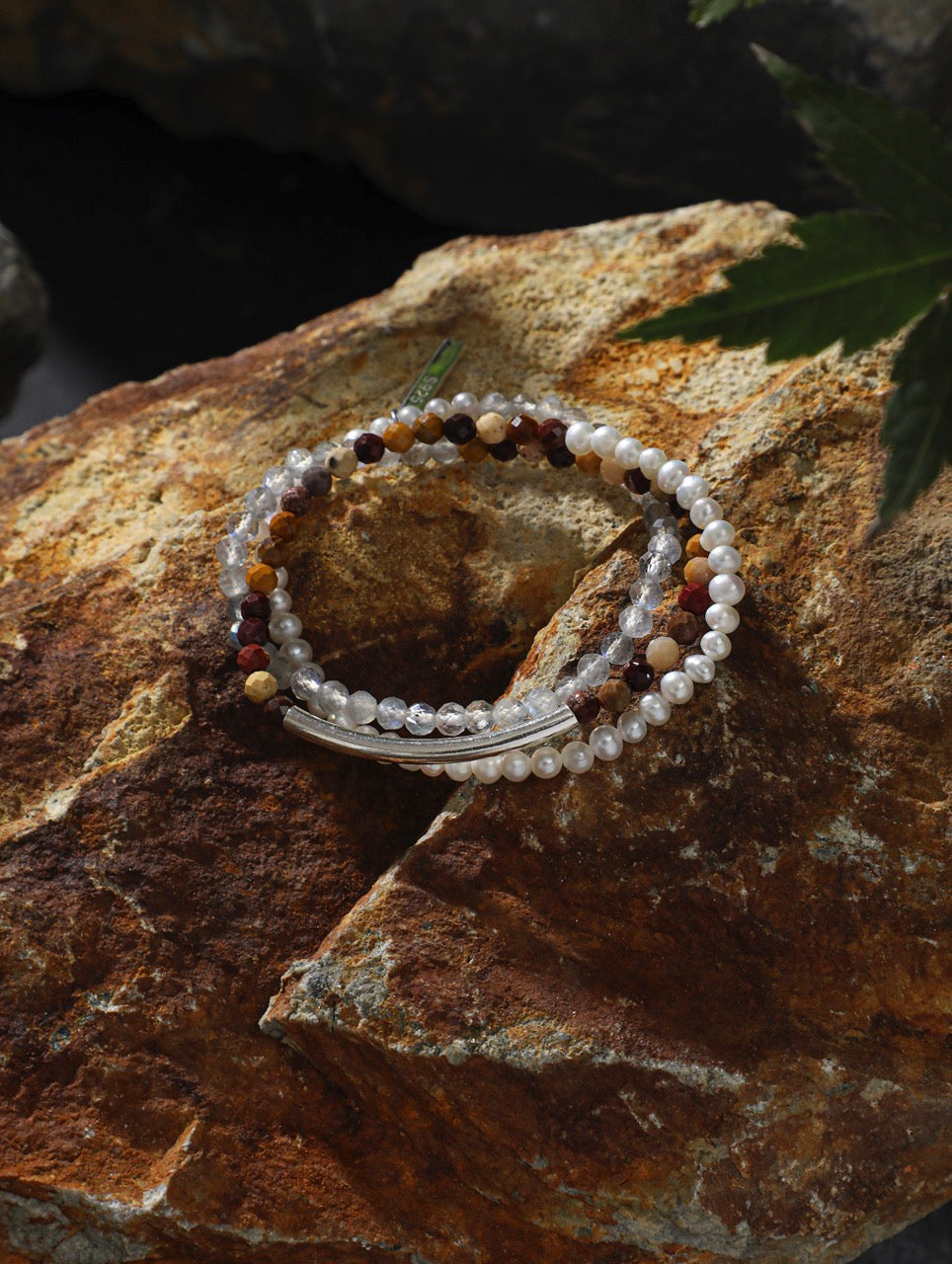 AMBER ROCK TRACE Moonstone & Pearl Triple-Wrap Bracelet — SITU mineral jewelry detail