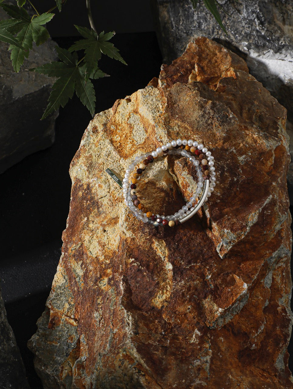 AMBER ROCK TRACE Moonstone & Pearl Triple-Wrap Bracelet — SITU mineral jewelry detail