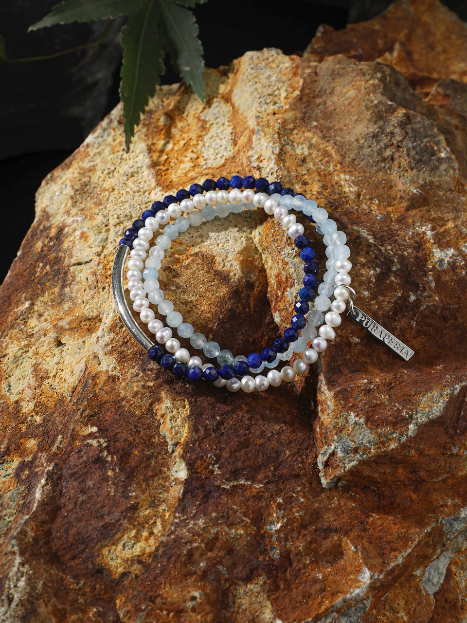 CYAN ECHO Aquamarine & Lapis Triple-Wrap Bracelet — SITU mineral jewelry detail
