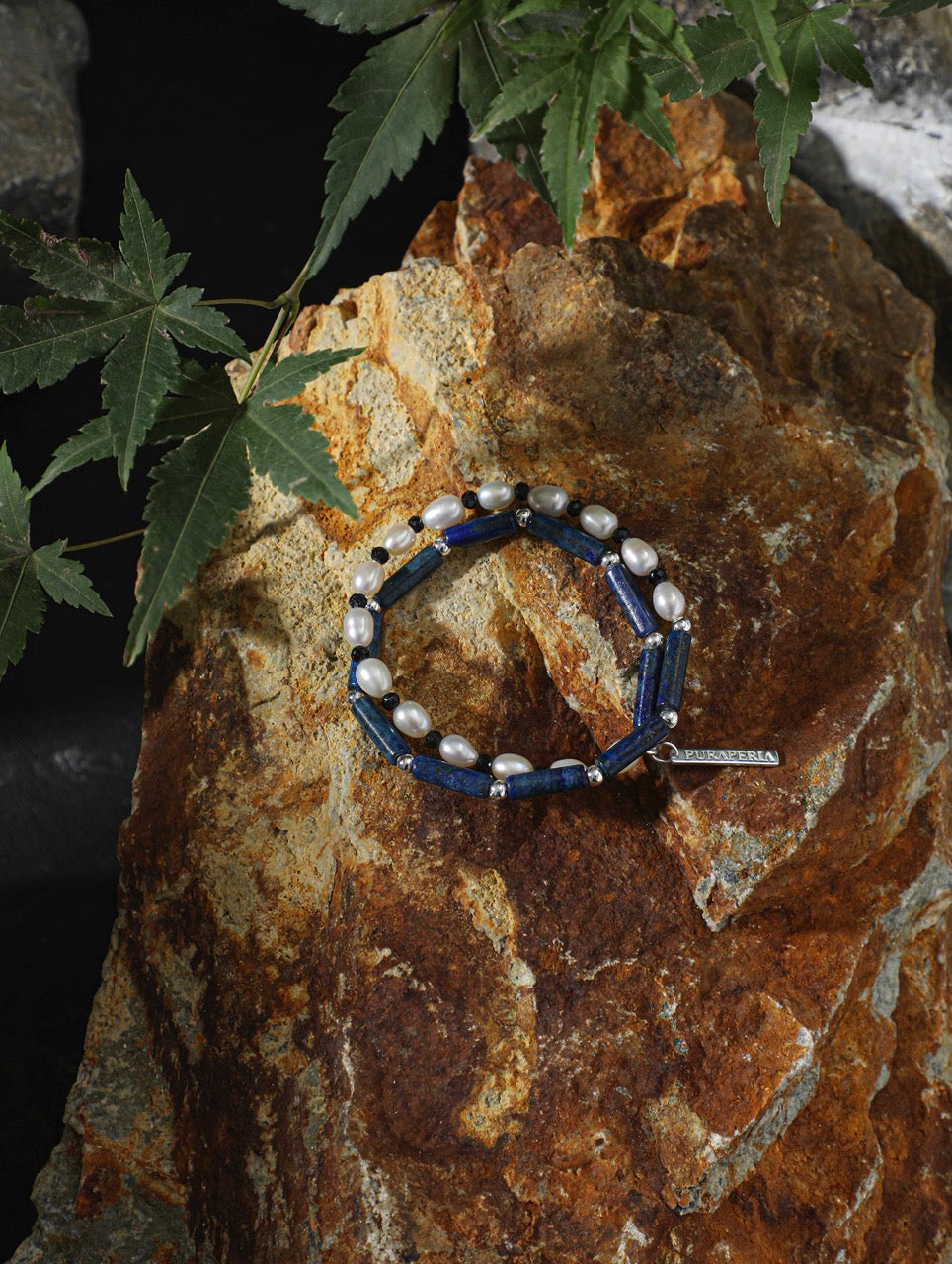 DEEP SURGE Lapis & Pearl Double-Wrap Bracelet — SITU mineral jewelry detail