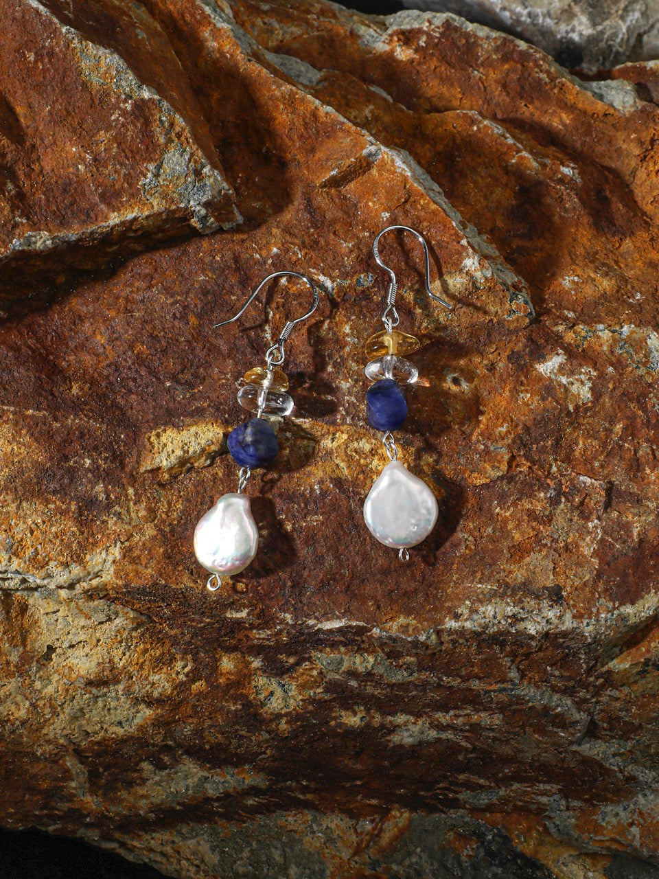 AQUEOUS NEBULA Baroque Pearl & Sodalite Earrings — SITU mineral jewelry detail
