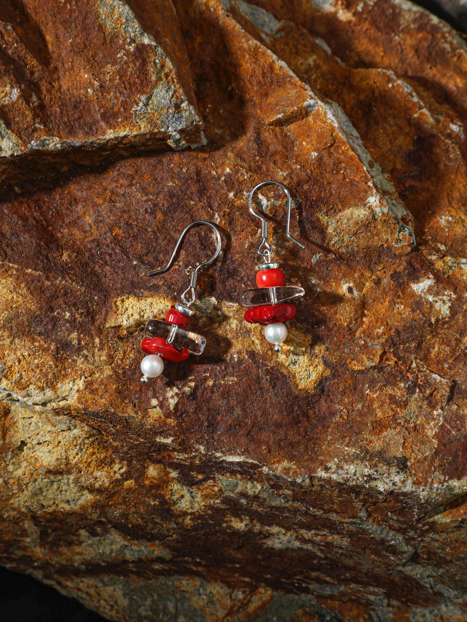 CRIMSON CRAG Red Fragment & Crystal Tooth Earrings — SITU mineral jewelry detail