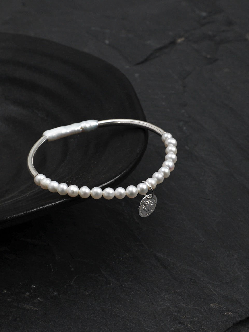 LUNAR CIRCLE Pearl & Silver Tube Bracelet — SITU mineral jewelry detail