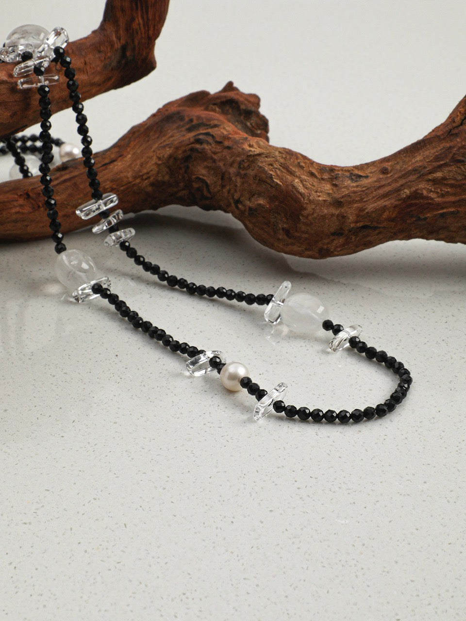 INKED LUSTER Clear Quartz & Tourmaline Long Necklace — SITU mineral jewelry detail