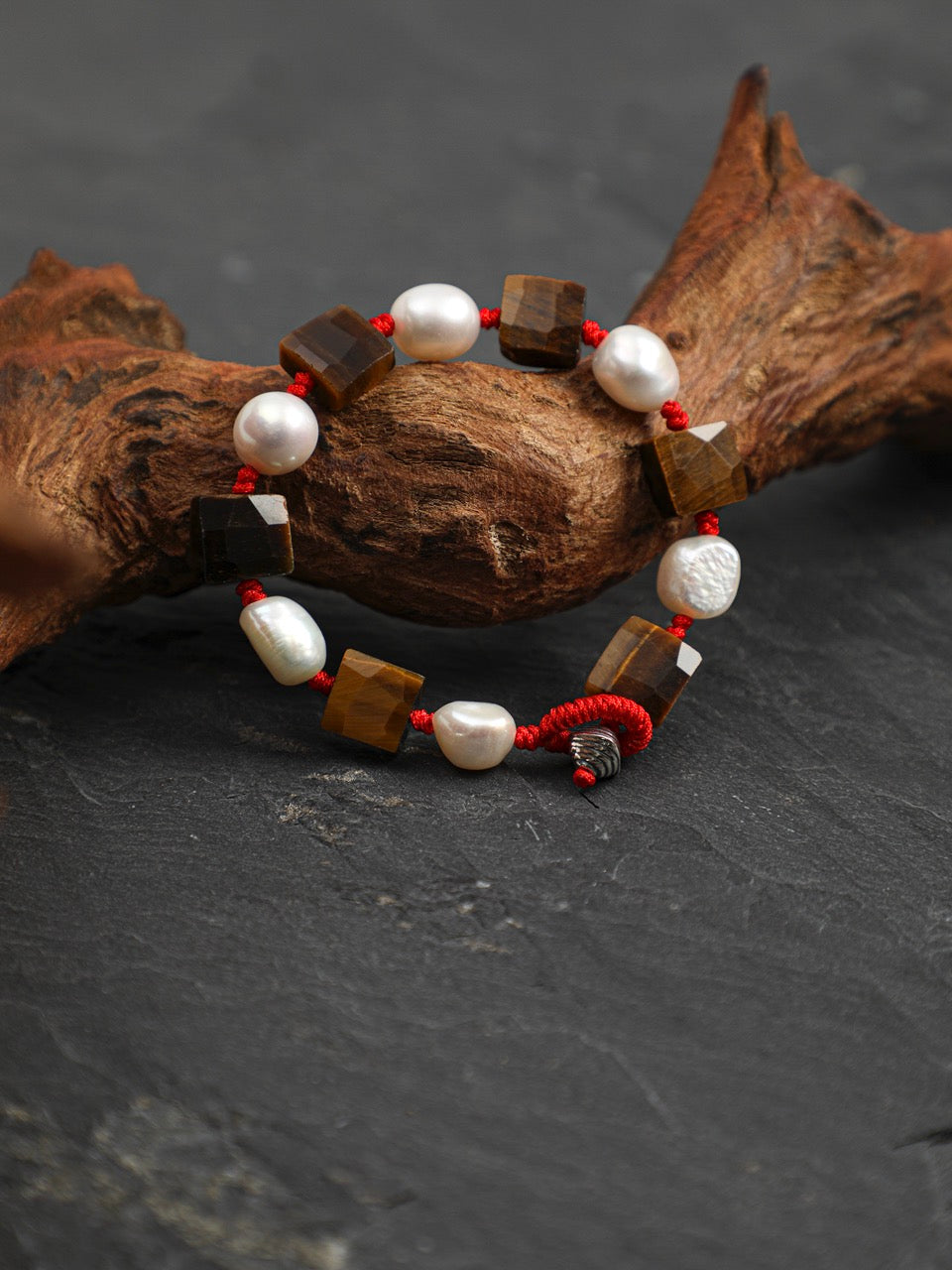 AMBER AXIS Tiger's Eye & Pearl Bracelet — SITU mineral jewelry detail