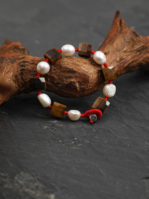 AMBER AXIS Tiger's Eye & Pearl Bracelet — SITU mineral jewelry detail