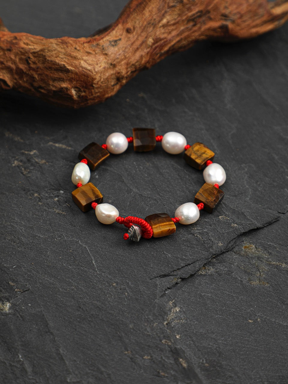 AMBER AXIS Tiger's Eye & Pearl Bracelet — SITU mineral jewelry detail