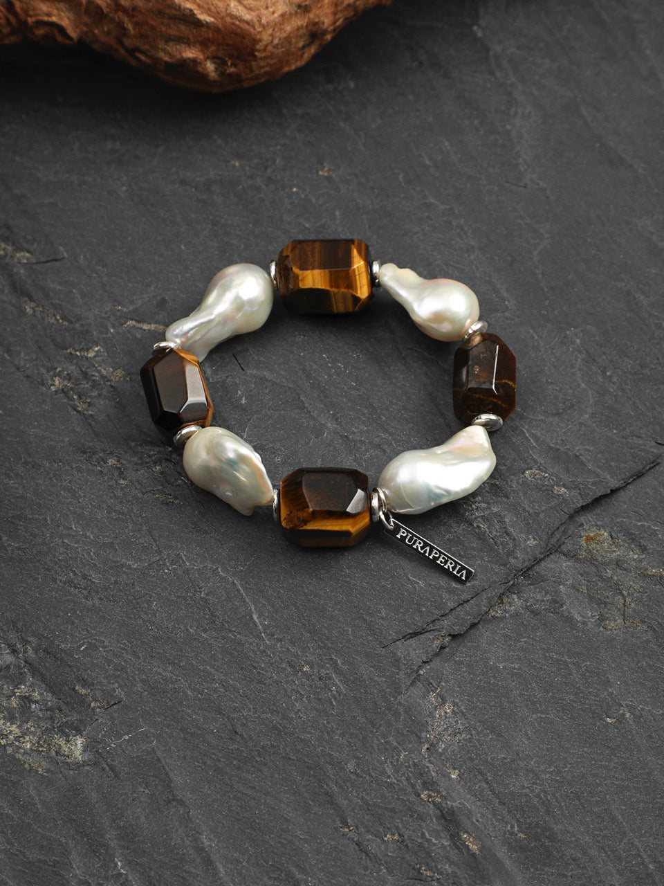 AMBER MATRIX Tiger's Eye & Baroque Pearl Bracelet — SITU mineral jewelry detail