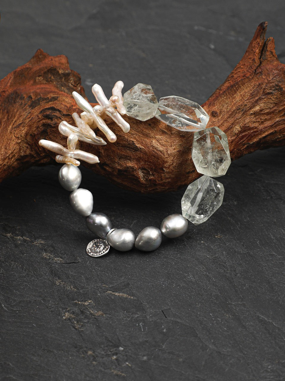 GHOST VINE Green Quartz & Grey Pearl Bracelet — SITU mineral jewelry detail