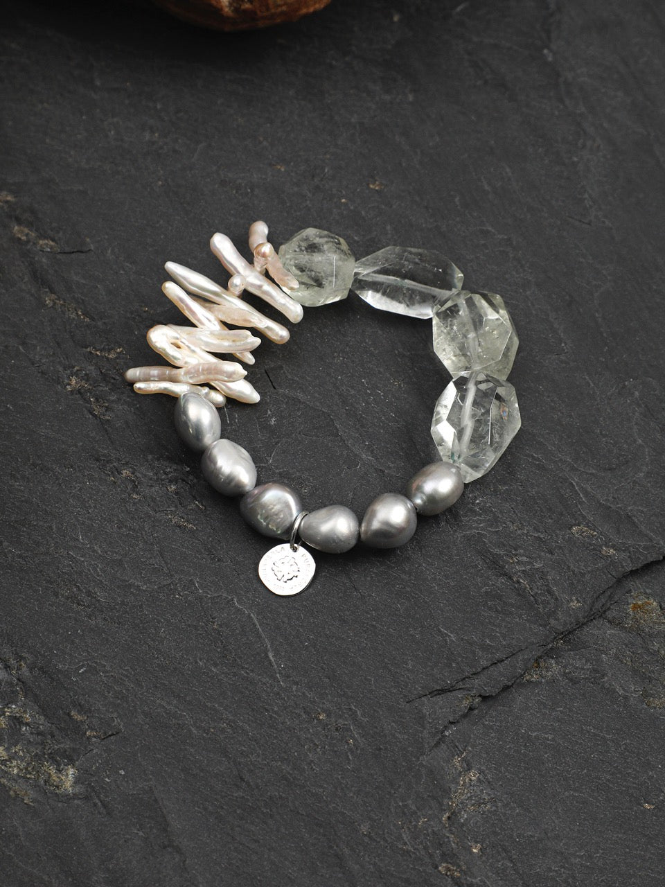 GHOST VINE Green Quartz & Grey Pearl Bracelet — SITU mineral jewelry detail