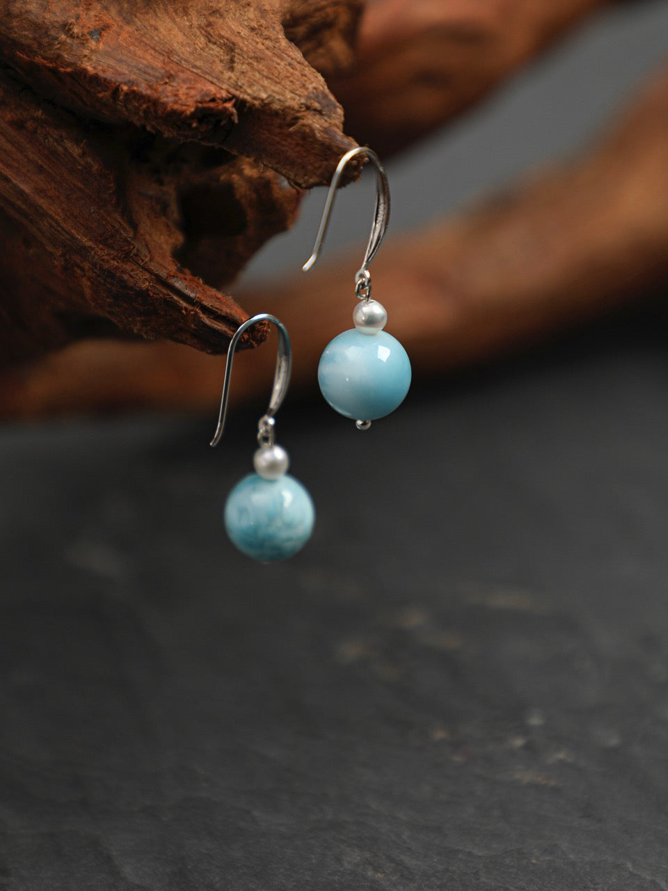 CYAN RIVER Larimar & Pearl Earrings — SITU mineral jewelry detail