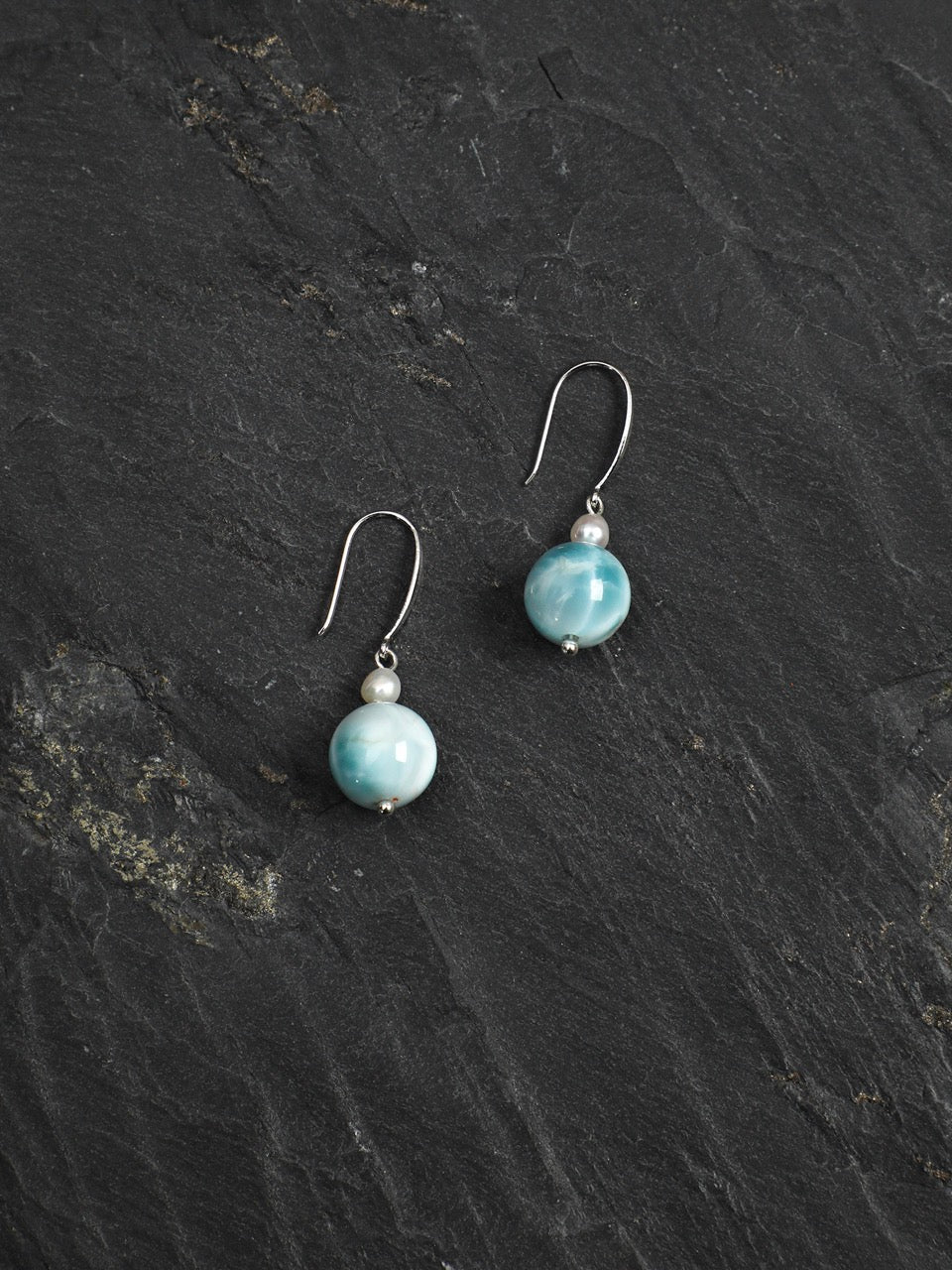 CYAN RIVER Larimar & Pearl Earrings — SITU mineral jewelry detail
