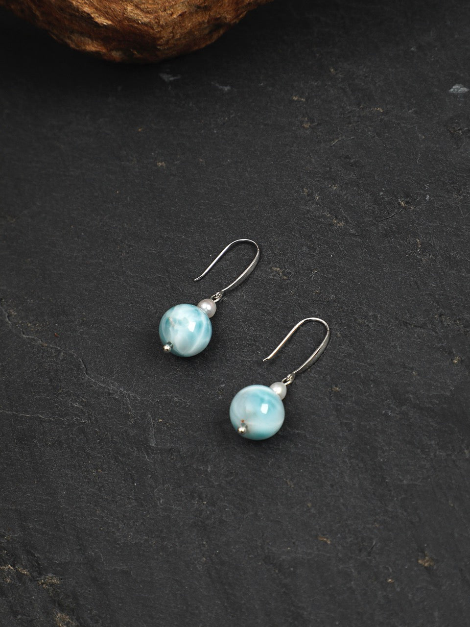 CYAN RIVER Larimar & Pearl Earrings — SITU mineral jewelry detail