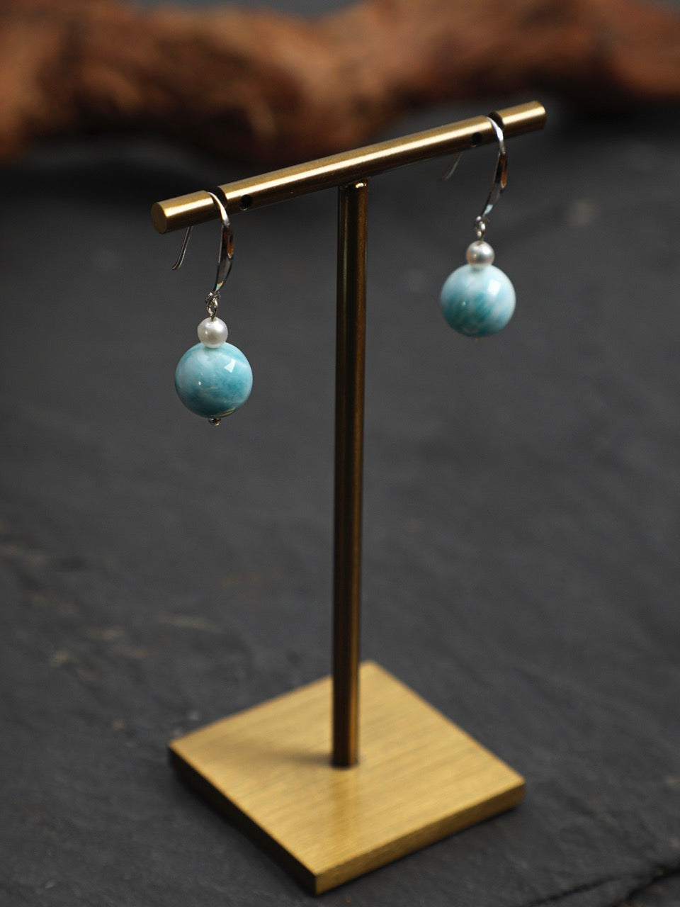 CYAN RIVER Larimar & Pearl Earrings — SITU mineral jewelry detail