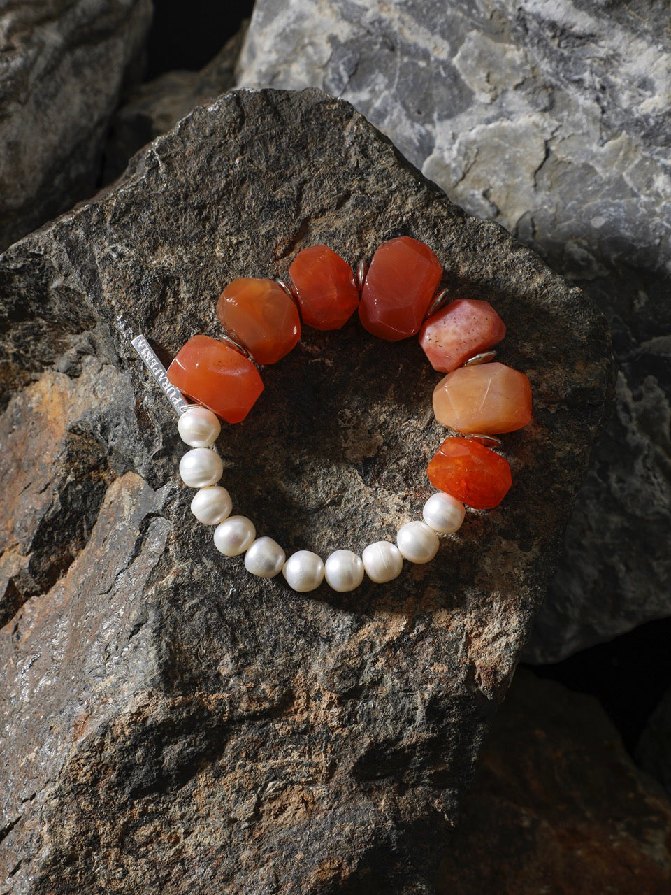 BLAZING VEIN Red Agate & Pearl Bracelet — SITU mineral jewelry detail
