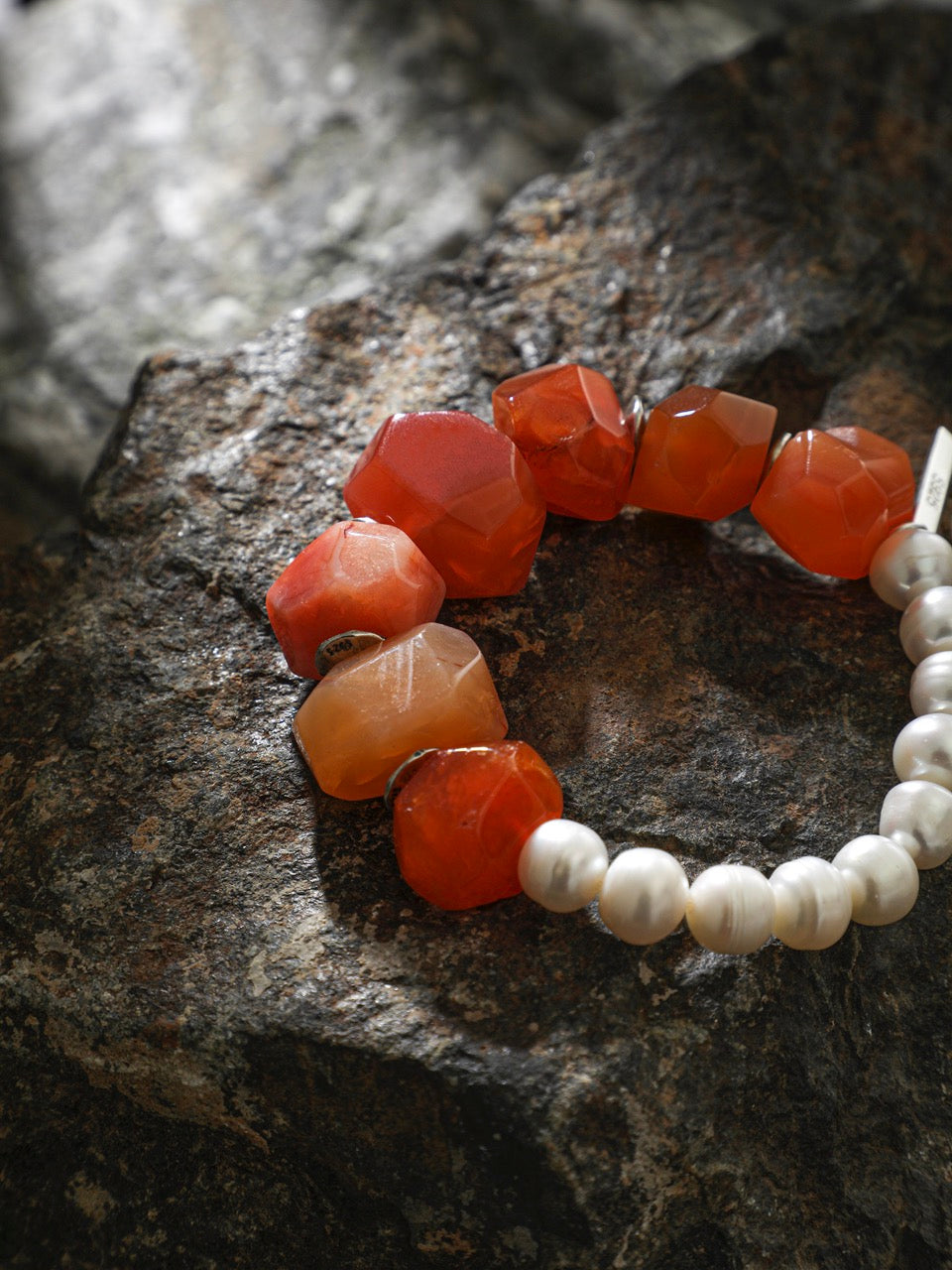 BLAZING VEIN Red Agate & Pearl Bracelet — SITU mineral jewelry detail