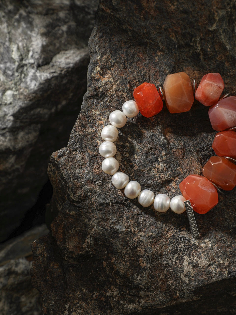 BLAZING VEIN Red Agate & Pearl Bracelet — SITU mineral jewelry detail