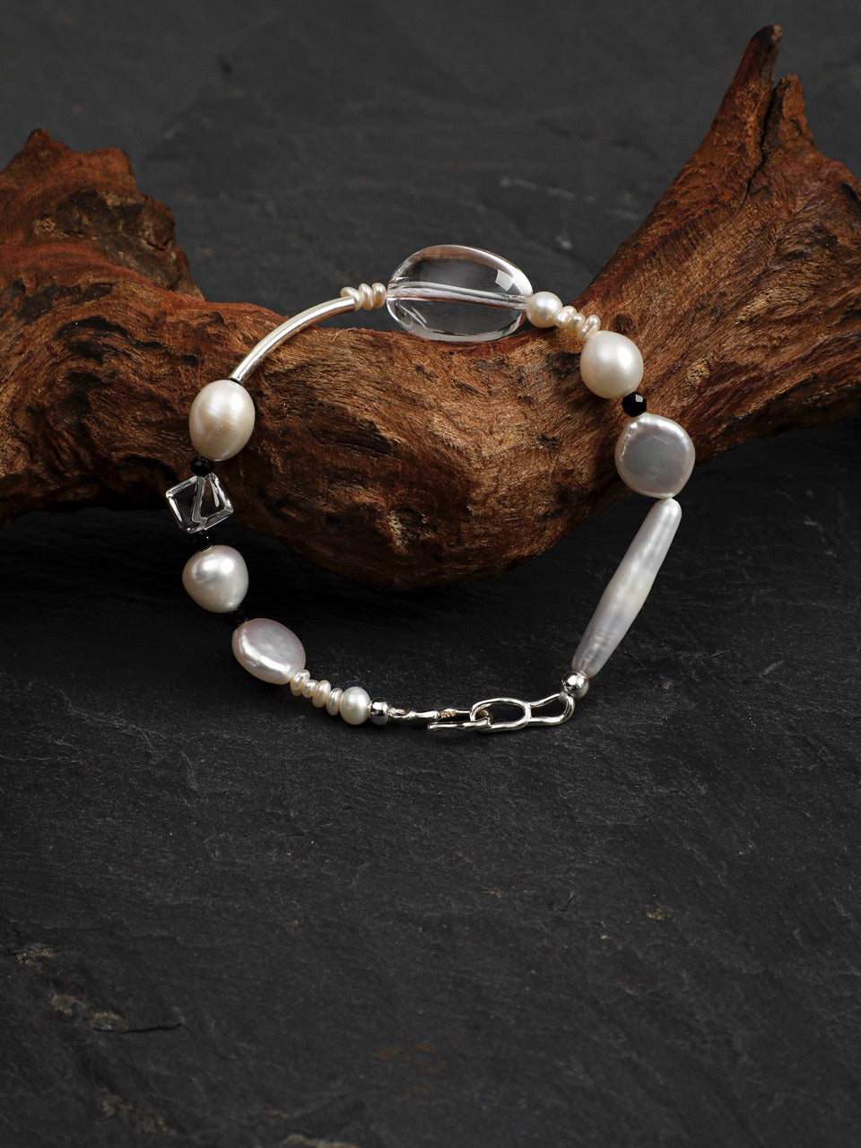 STARK WAVE Clear Quartz & Pearl Bracelet — SITU mineral jewelry detail