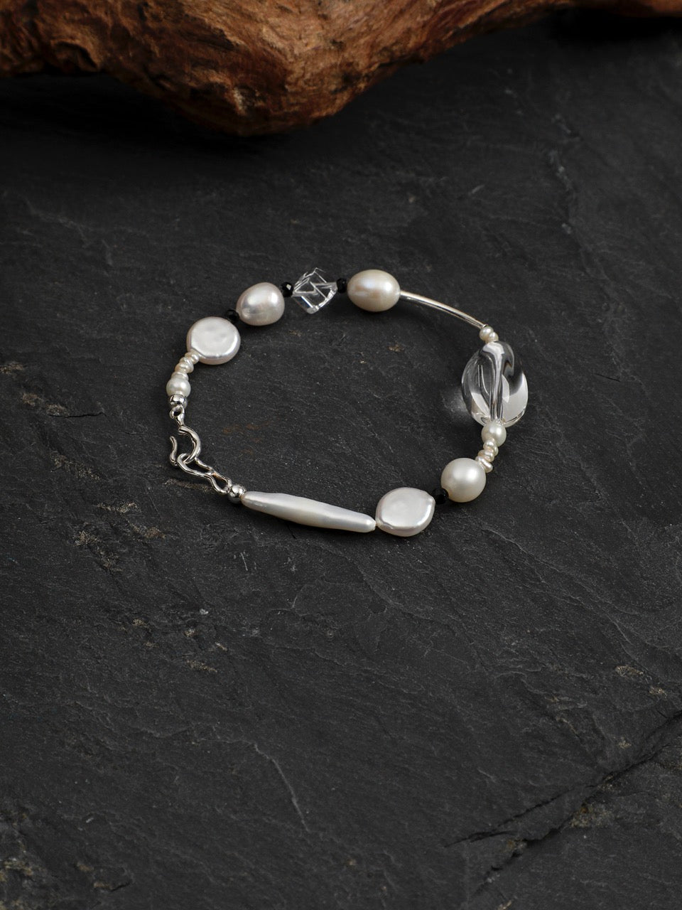 STARK WAVE Clear Quartz & Pearl Bracelet — SITU mineral jewelry detail