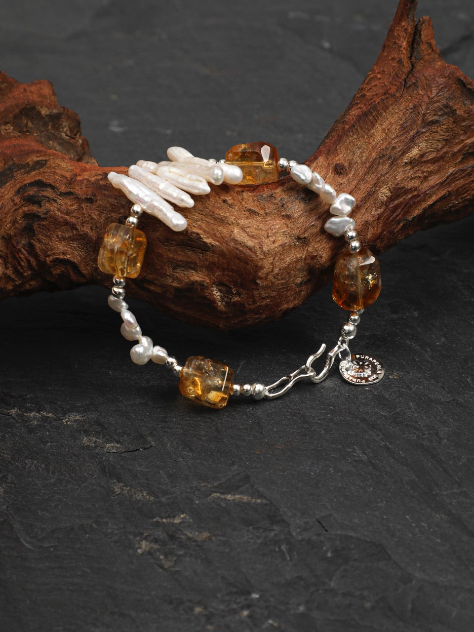 AMBER VINE Citrine & Baroque Pearl Bracelet — SITU mineral jewelry detail