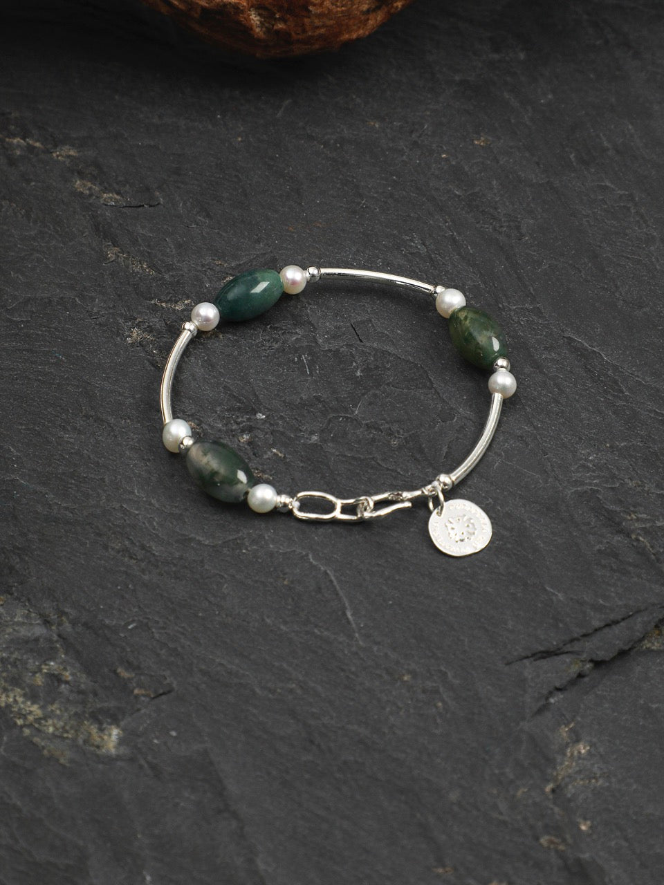 MOSS ROCK Moss Agate & Pearl Bracelet — SITU mineral jewelry detail