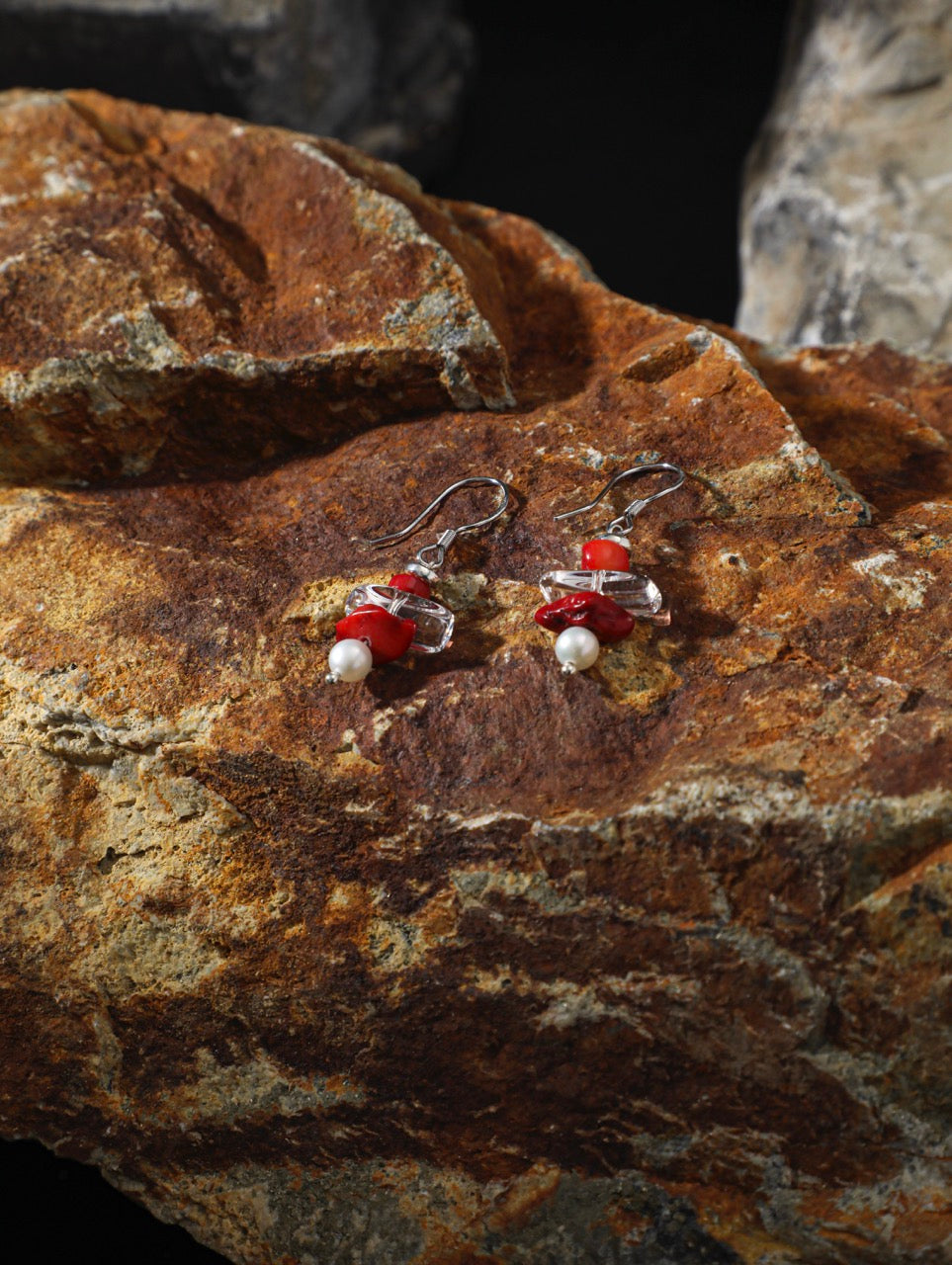 CRIMSON CRAG · Red Fragment & Crystal Tooth Earrings