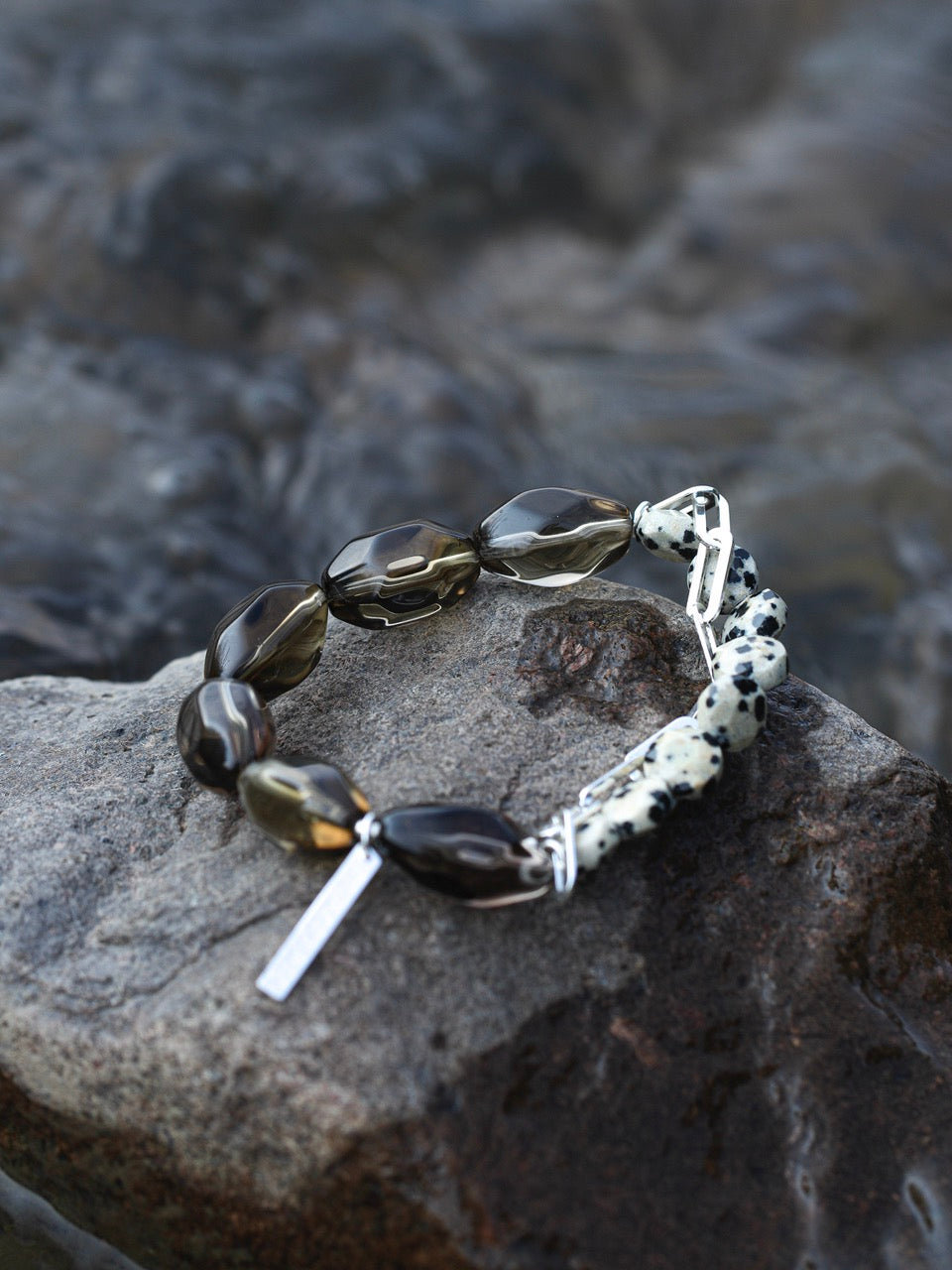 SMOKY RELIC Smoky Quartz & Dalmatian Stone Bracelet — SITU mineral jewelry detail