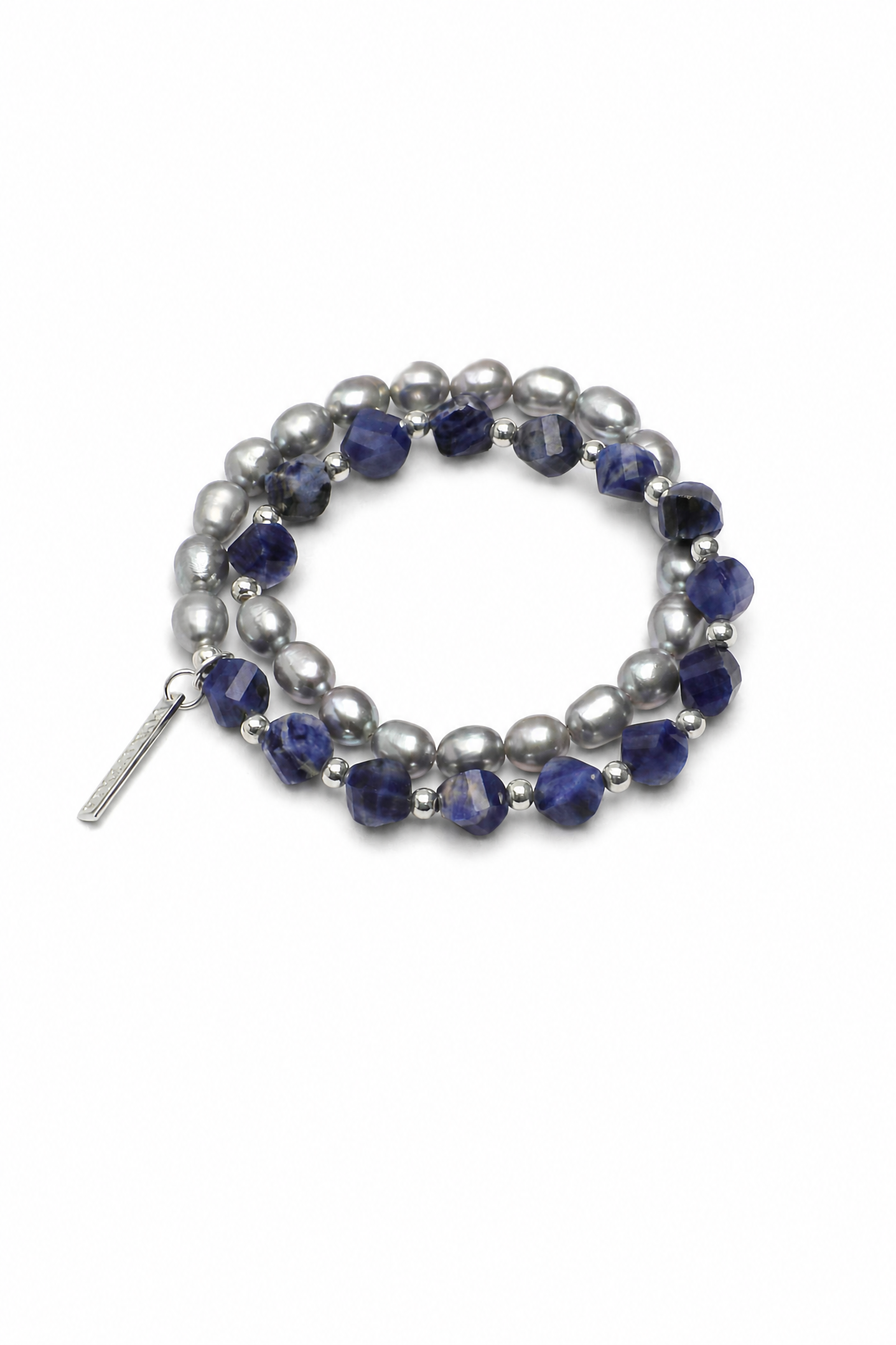 GREY RIPPLE Sodalite & Pearl Double-Wrap Bracelet by SITU — natural stone sterling silver jewelry